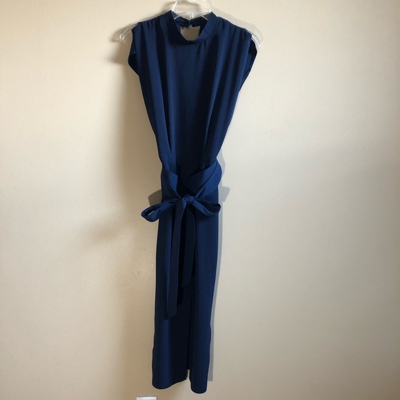 ASOS navy dress obi belt sleeveless high neckline midi length keyhole C - Picture 1 of 13